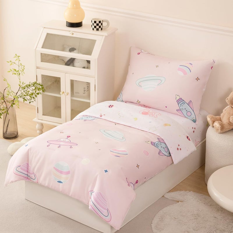 PERFEMET 4 Piece Toddler Girl Bedding Set Space Theme Pink Toddler Bed Set with Sheets Soft Reversible Astronaut Planets Crib Bed Comforter for Kids Girls - Image 2